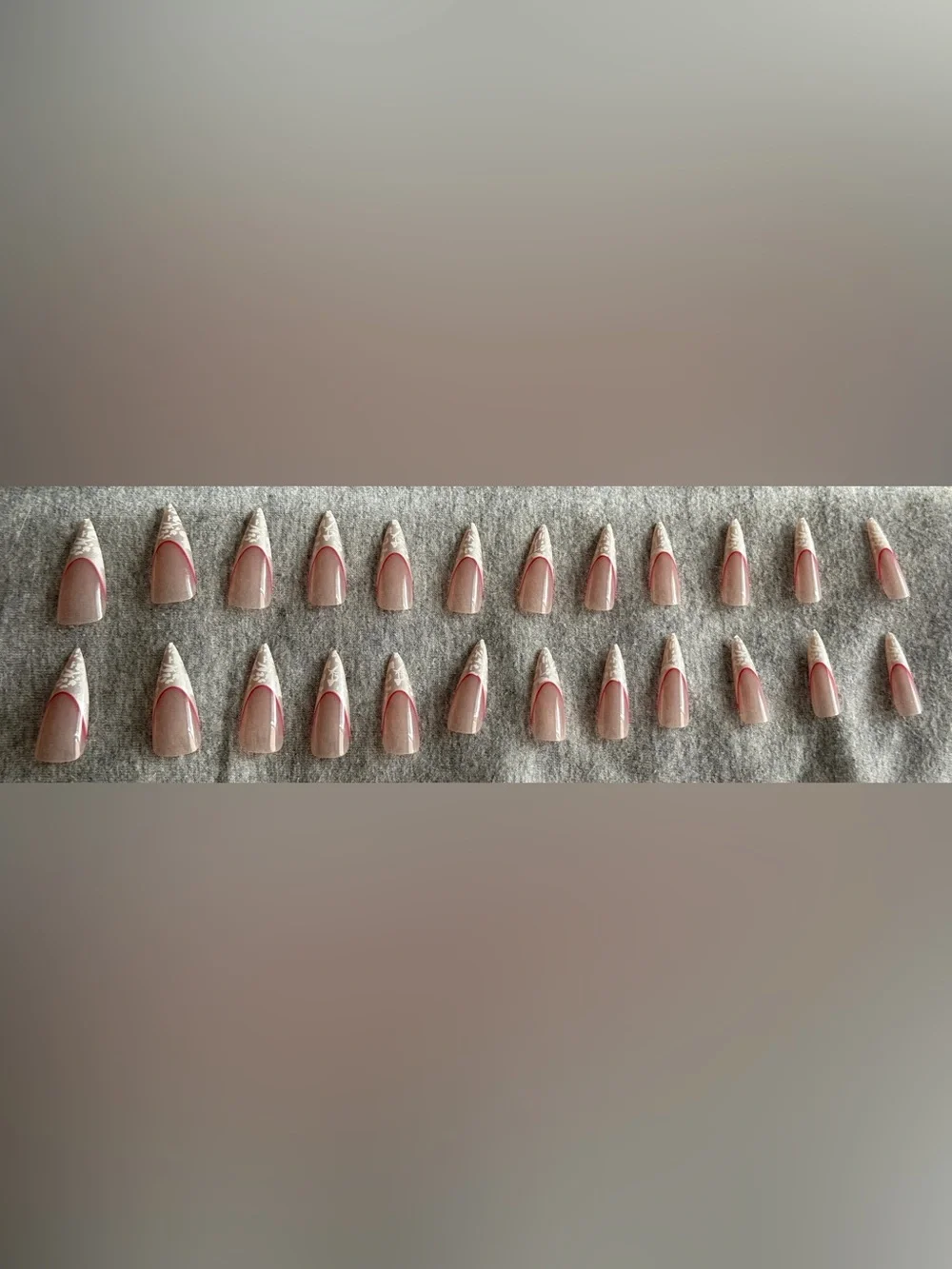 Stiletto Press-On Nails in Nude with White Lace and Pink Accent